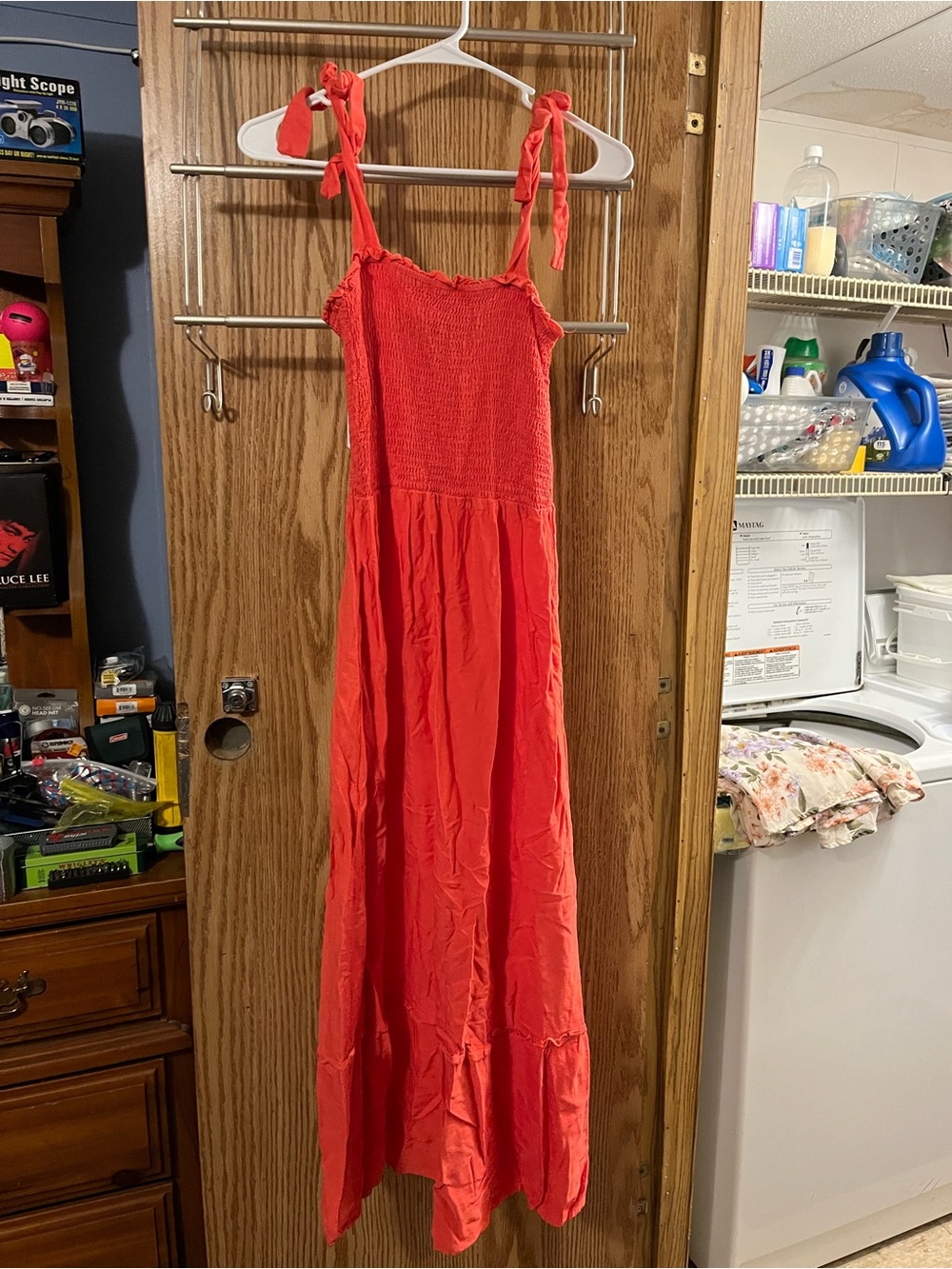 Red Tie-Shoulder Maxi Dress with Smocked Bodice